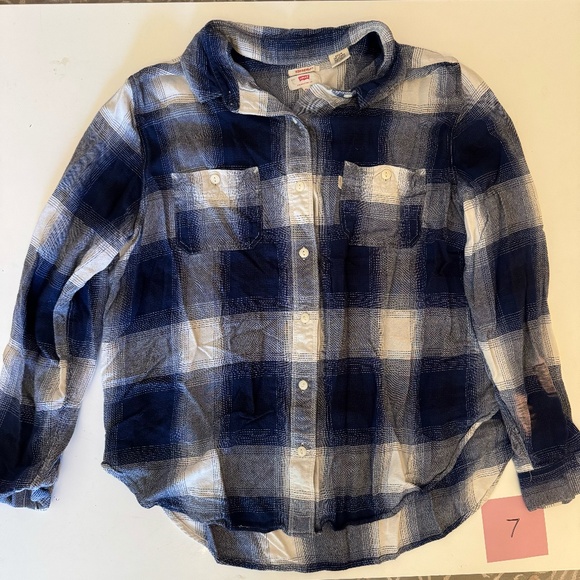 Levis Blue/White Flannel w/ bleach stain on left sleeve XL - Picture 1 of 9